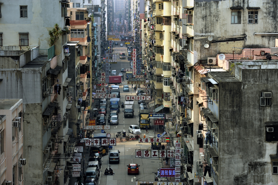 A street scene of the Sham Shui Po district, December 2011.