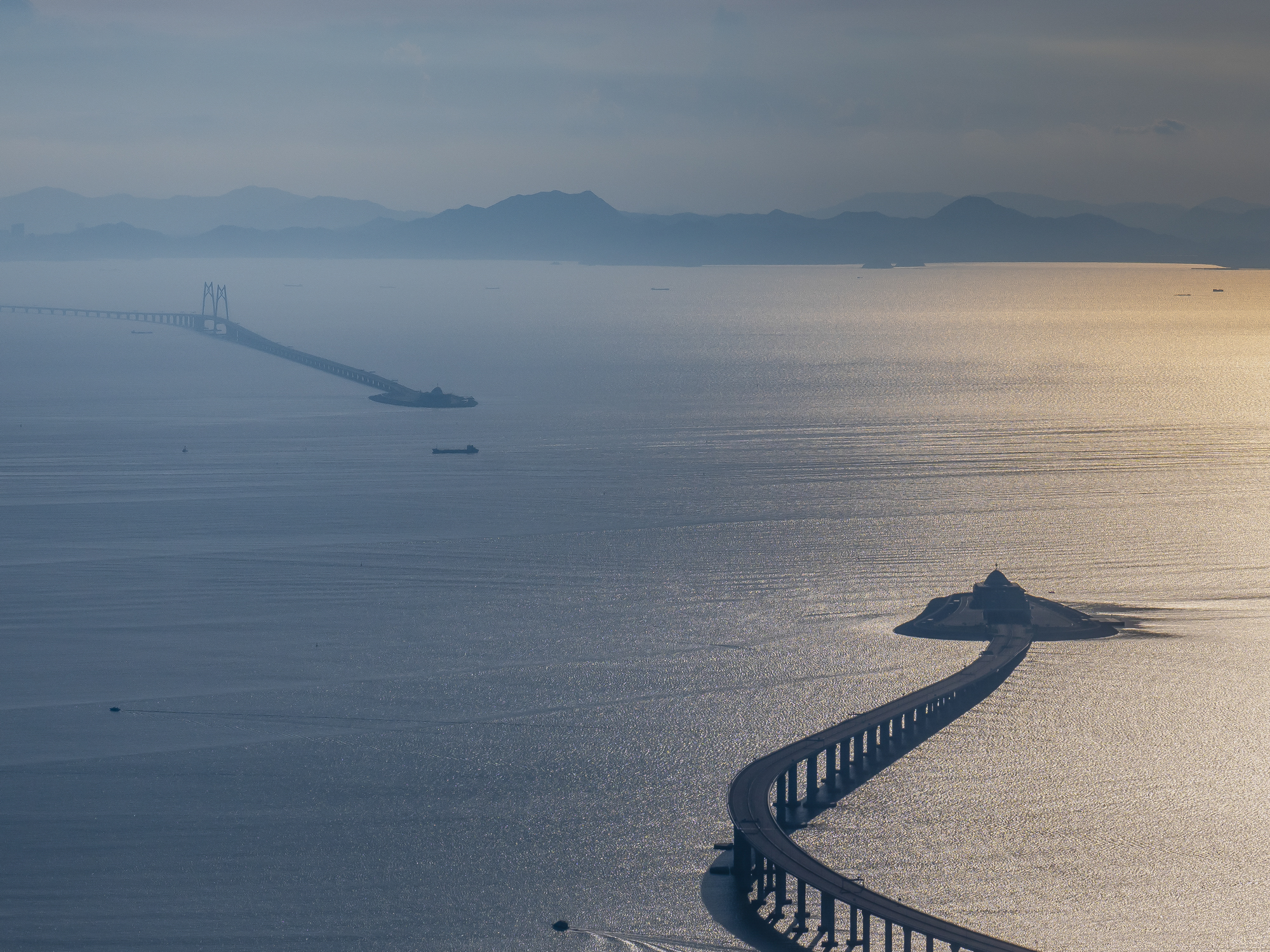 The Hong Kong-Zhuhai-Macau Bridge, a bridge and tunnel system linking Hong Kong, Macau, and mainland China, pictured in August 2022. The bridge was opened in October 2018.