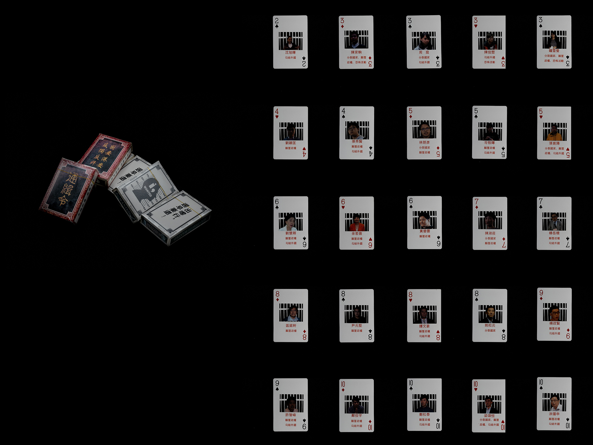 Shortly before the National Security Law was passed on June 30, 2020, boxes containing poker cards featuring portraits of pro-democracy leaders and offenses they had committed according to the proposed law were anonymously distributed throughout Hong Kong. After the law was implemented, many of the individuals depicted, including members of the Hong Kong 47, were charged with breaching the law.