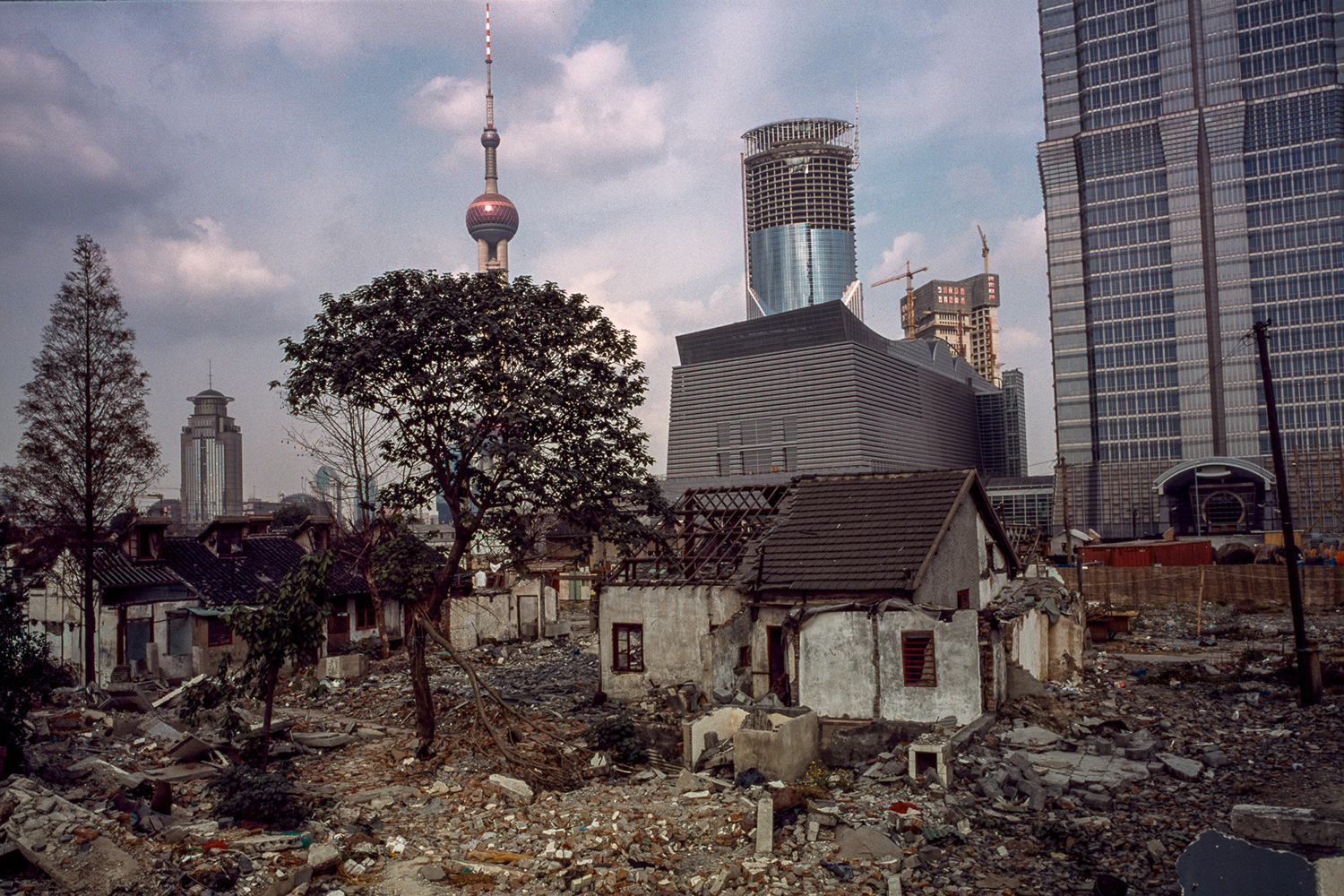 A razed neighborhood at the base of the Jin Mao Tower, 1997.