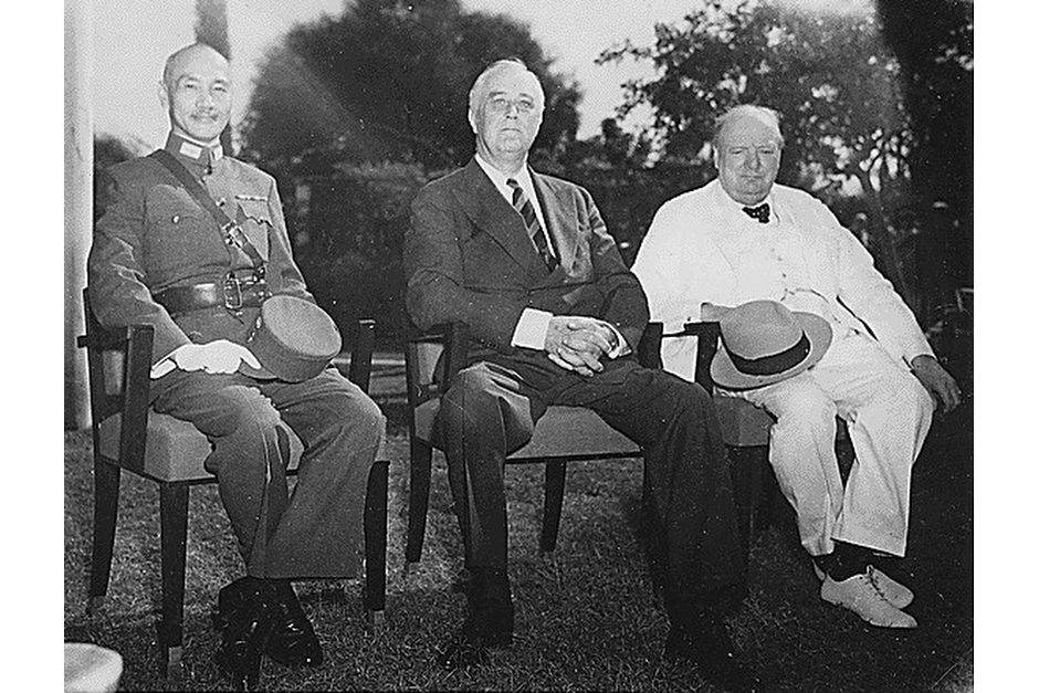 Chiang Kai-shek, President Franklin Roosevelt, and Winston Churchill in Cairo in late 1943. The purpose of the “Cairo Conference” was for the Allies to coordinate their responses to Japan in World War II. In a press release after the meeting, China was included as one of four “Great Powers” (Russia was the fourth), and Britain and the U.S. agreed that territories of China that Japan had taken—including Manchuria, Taiwan, and the Pescadores—would be returned to China when the war ended. Two years later, when Roosevelt and Churchill met in Yalta with Stalin to work out the architecture of postwar Europe they did not invite Chiang. (Wikimedia photo)
